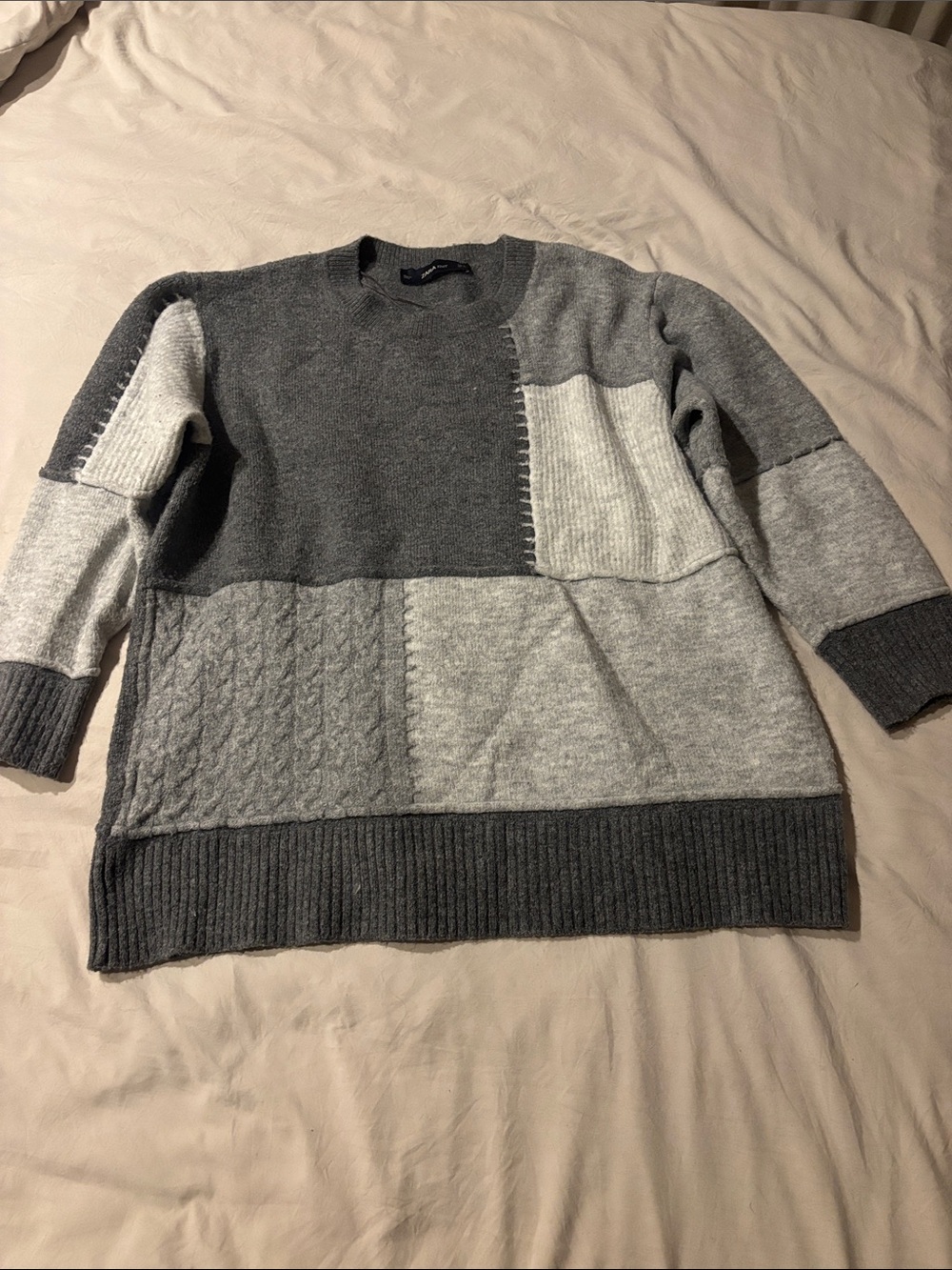 Zara Women’s Patchwork Crewneck Sweater - Dark Gray & Light Gray